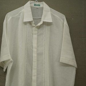 Tesoro's Mens White Linen Embroidered Short Sleeve Button Down Shirt XL